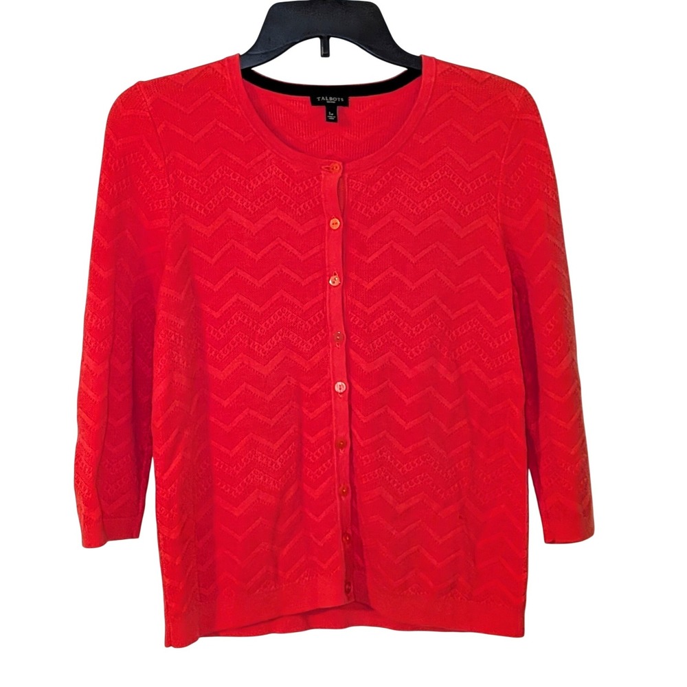 Talbots Petites Red Chevron Knit Cardigan Sweater 3/4 Sleeve Button Front LP